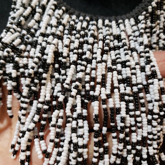 Womens Black White Glass Beaded Woven Fringe Collar Necklace with Lobster Clasp - Picture 6 of 8